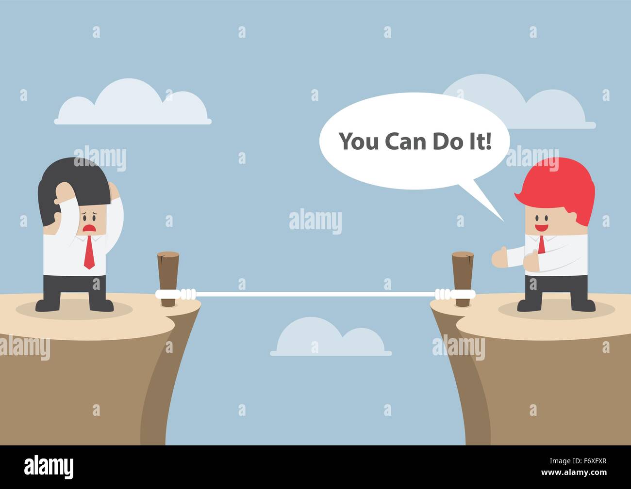 Imprenditore motivare il suo amico per attraversare la scogliera dicendo "Si può fare", vettore EPS10 Illustrazione Vettoriale