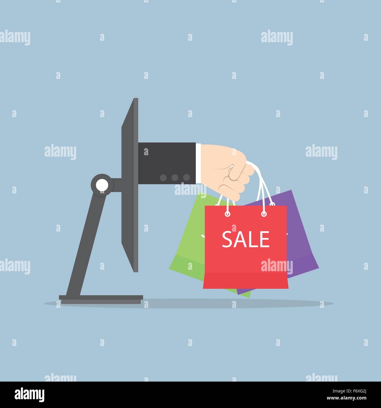 Mano con shopping bag spuntavano dal monitor, E-Commerce, shopping online concetto, vettore EPS10 Illustrazione Vettoriale