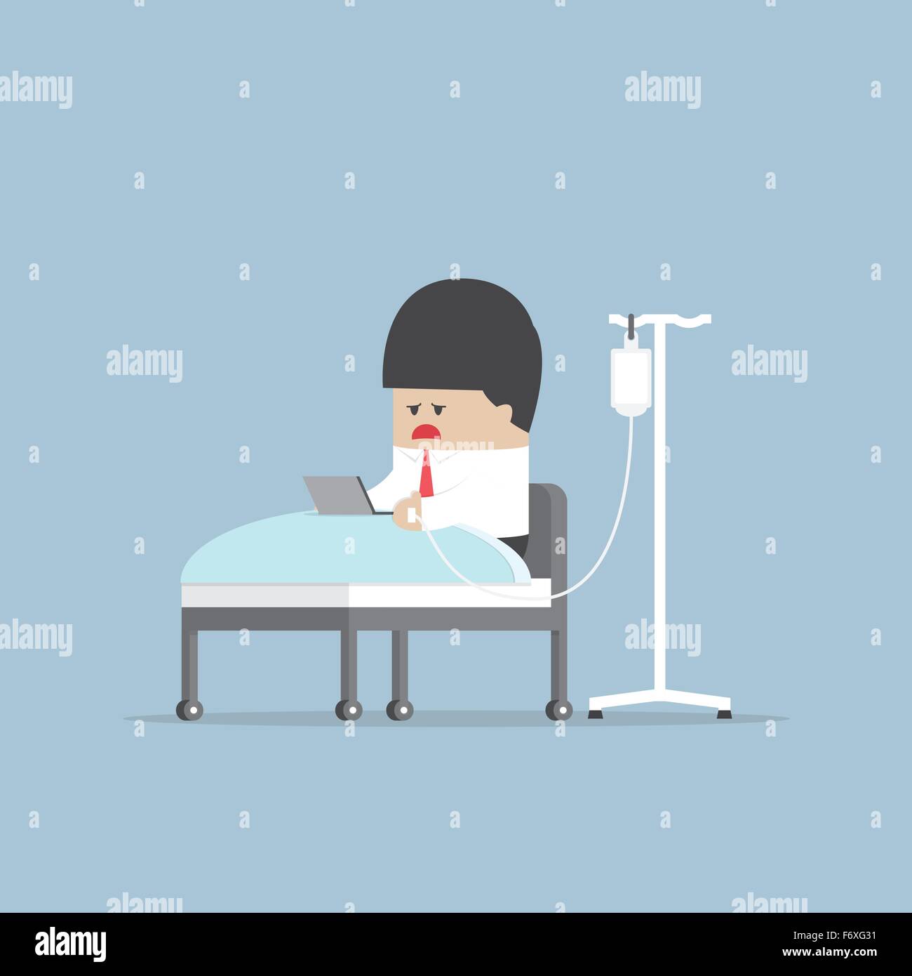 Imprenditore malato lavorando duro nel letto di ospedale, vettore EPS10 Illustrazione Vettoriale