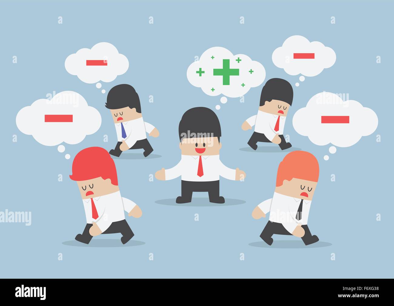 Pensare positivo imprenditore circondato da pensiero negativo di persone, vettore EPS10 Illustrazione Vettoriale