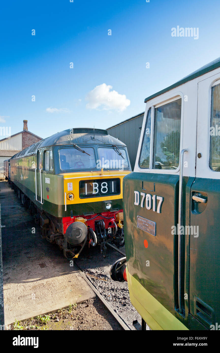 Due anni sessanta design diesel locomotive elettriche D1661 e D7017 in un schierandosi a stazione Williton, West Somerset Railway, England, Regno Unito Foto Stock