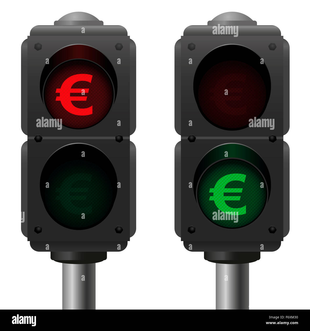 Euro semaforo, come un simbolo per il bene e il male le finanze. Immagine su sfondo bianco. Foto Stock