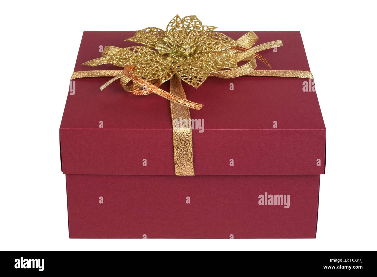 Confezione regalo con golden bow. Chiuso, isolato su sfondo bianco Foto Stock