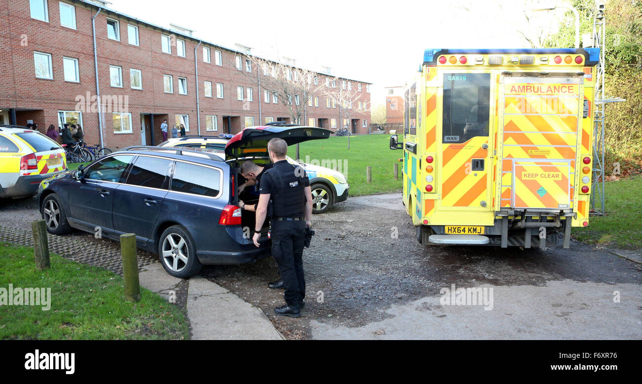 Winchester, Hampshire, Regno Unito. Xxi Nov, 2015. Winchester, Hampshire sabato 21 novembre 2015 poliziotti armati sono state distribuite a Erasmus Park in Winchester questa mattina. Circa 20 ufficiali di polizia assalto di un blocco dello studente e il led di un uomo lontano da un attesa di ambulanza. Hampshire polizia hanno ancora a rilasciare una dichiarazione. Credito: uknip/Alamy Live News Foto Stock