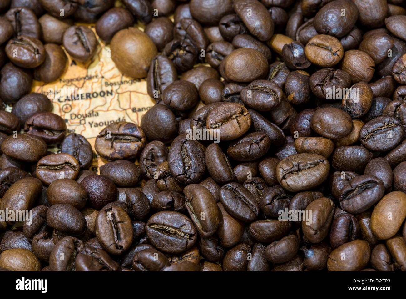 Vintage map del Camerun coperto da uno sfondo di chicchi di caffè tostati. Questa nazione è uno dei principali produttori ed esportatori Foto Stock