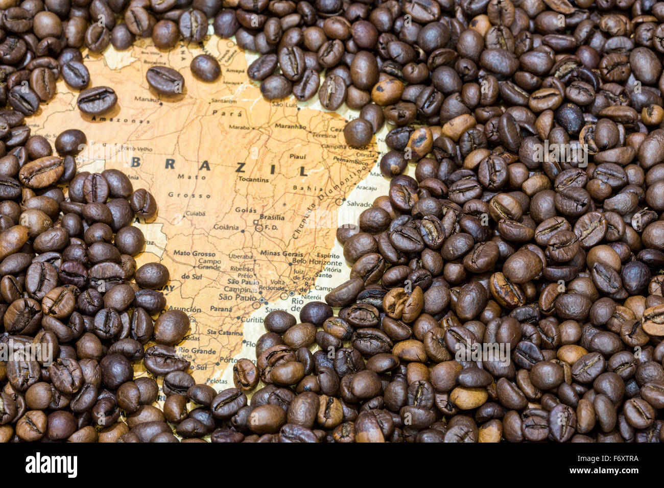 Vintage map del Brasile coperto da uno sfondo di chicchi di caffè tostati. Questa nazione è il primo e principale produttore ed esportatore di co Foto Stock