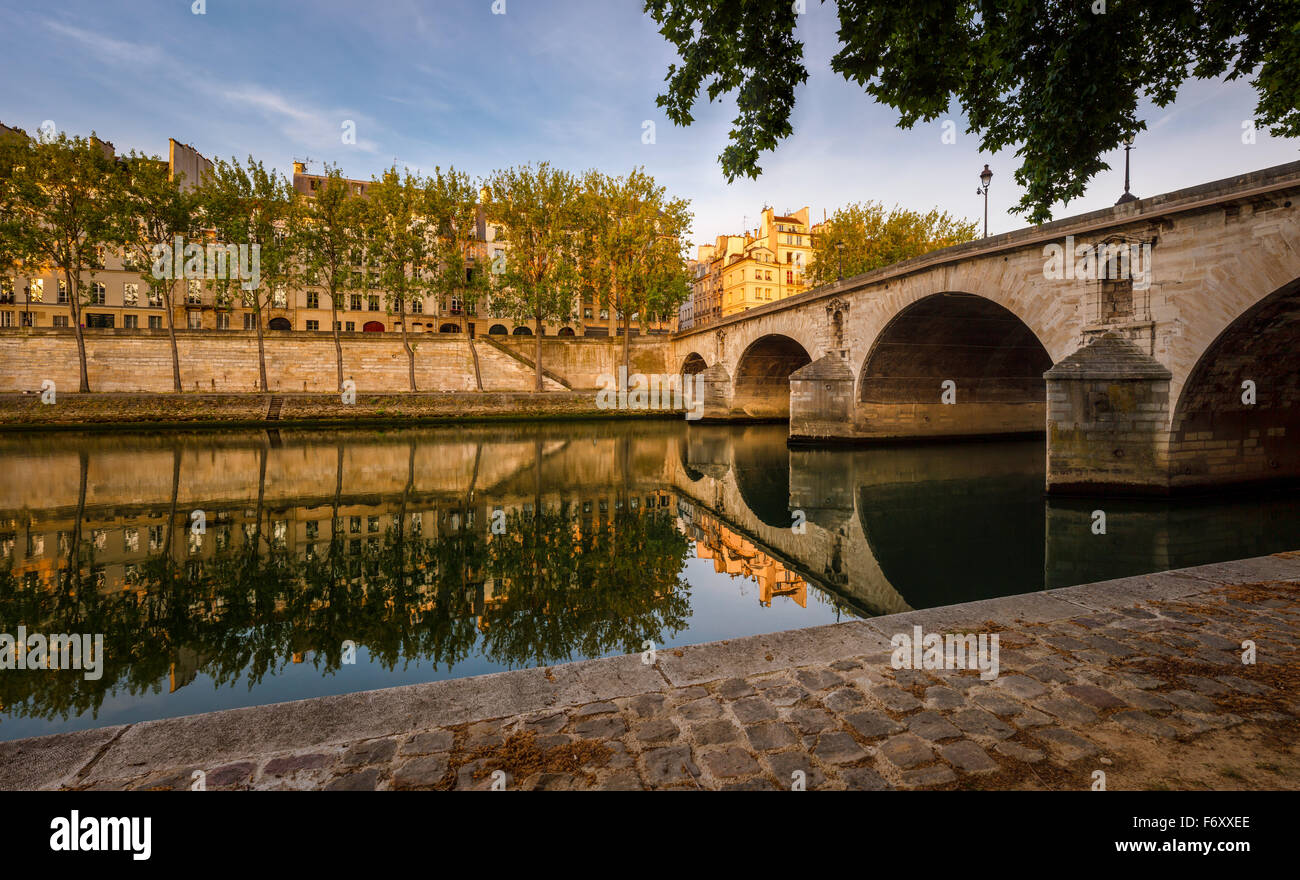 Inizio estate mattina sulla Ile Saint Louis. Aspen alberi che fiancheggiano il fiume Senna banca dal Pont Marie e Quai d'Anjou - Parigi, Francia Foto Stock