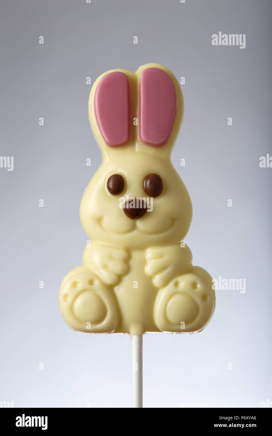 Per lecca-lecca di cioccolato pop nella forma di un coniglio shot in studio Foto Stock