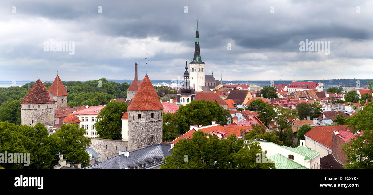 Panorama della città da un ponte di osservazione della vecchia città di tetti. Tallinn. L'Estonia. Foto Stock