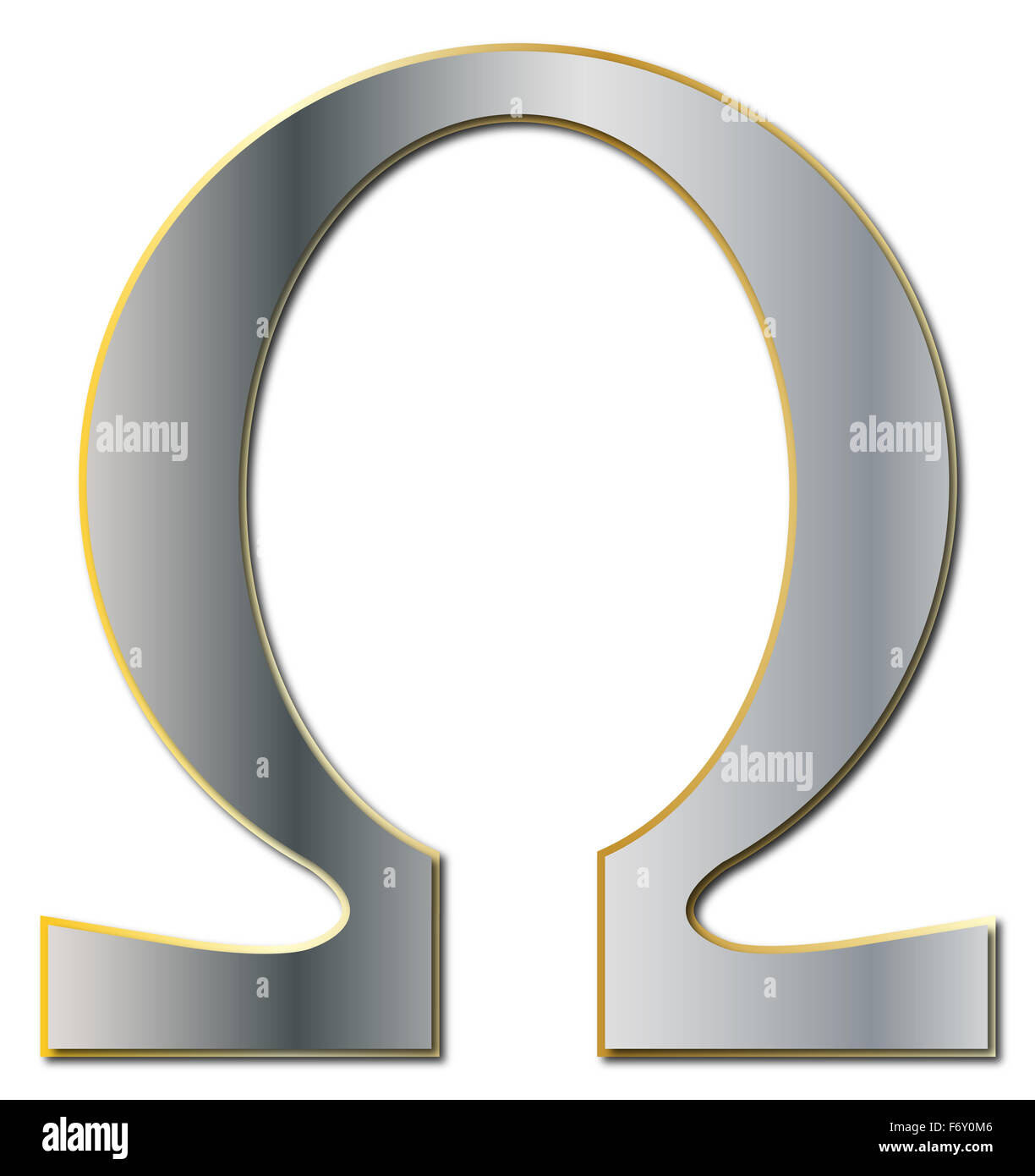 Un simbolo di Omega in argento e oro isolato su uno sfondo bianco Foto Stock