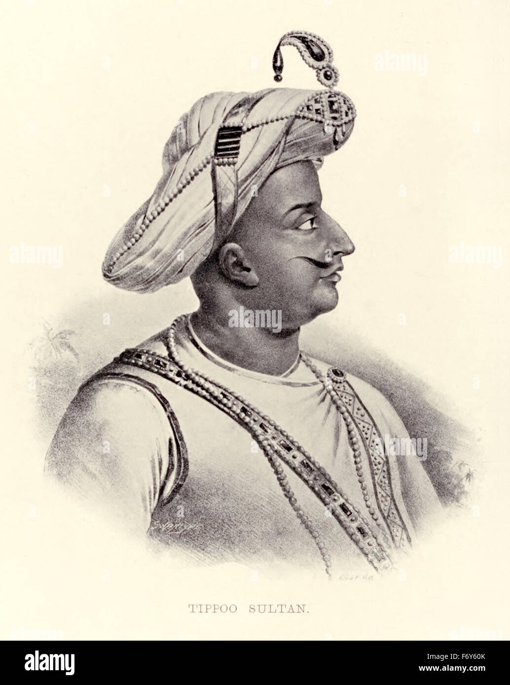 Tippoo (aka Tipu), Sultan (1750-1799), primogenito del sultano Hyder Ali di Mysore (vedere immagine F0E6FA) e sovrano del Regno di Mysore (incoronazione 1782). Tippoo ampliato il ferro-incassato Mysorean razzi e ha scritto il manuale militare "Fathul Mujahidin', considerato un pioniere nell'uso di artiglieria a razzo. Egli ha distribuito i razzi contro gli anticipi delle forze britanniche e i loro alleati nella loro 1792 e 1799 assedio di Srirangapatna dove ha incontrato la sua morte. Foto Stock