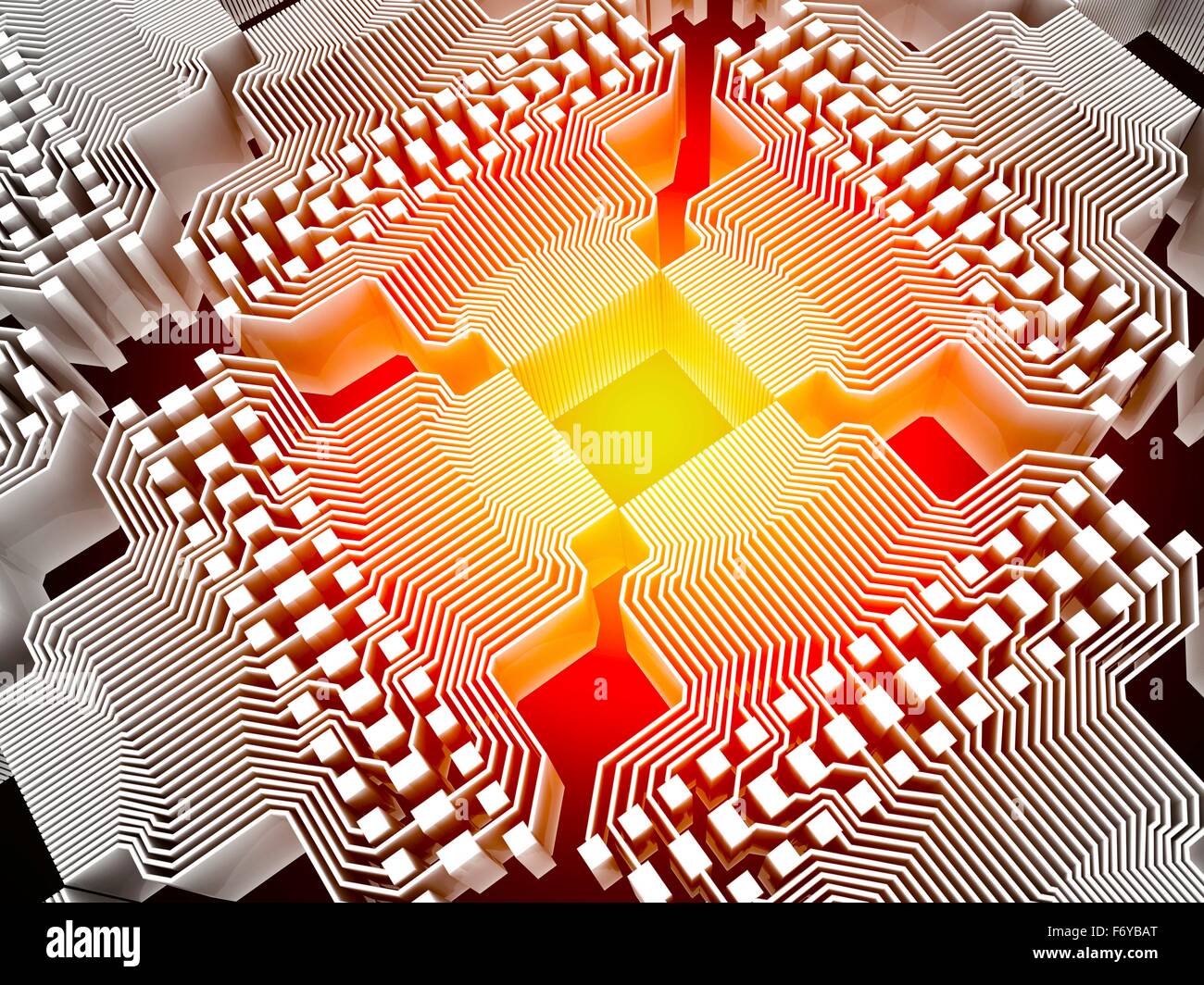 Computer quantistico. Calcolatore concettuale illustrazione della circuiteria elettronica con luce rossa che passa attraverso di esso, che rappresenta il modo in cui i dati possono essere controllati e memorizzati in un computer quantistico. Foto Stock
