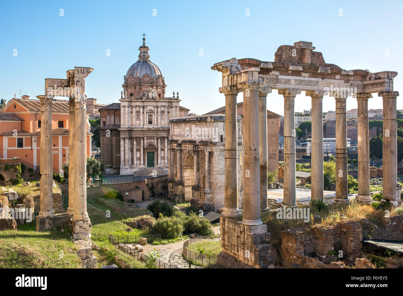 Forum Romanum vista dal Campidoglio in Italia, Roma. Foto Stock
