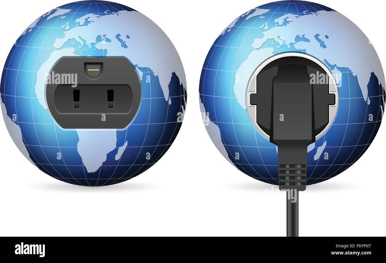 Globo mondo uscita con presa e spina su sfondo bianco. Illustrazione Vettoriale
