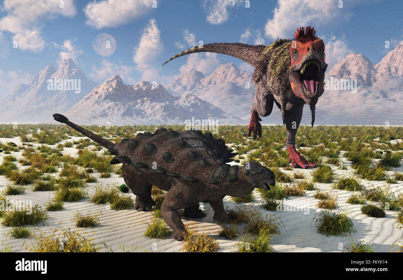 Un Tarbosaurus avvicinando un Pinacosaurus Foto Stock
