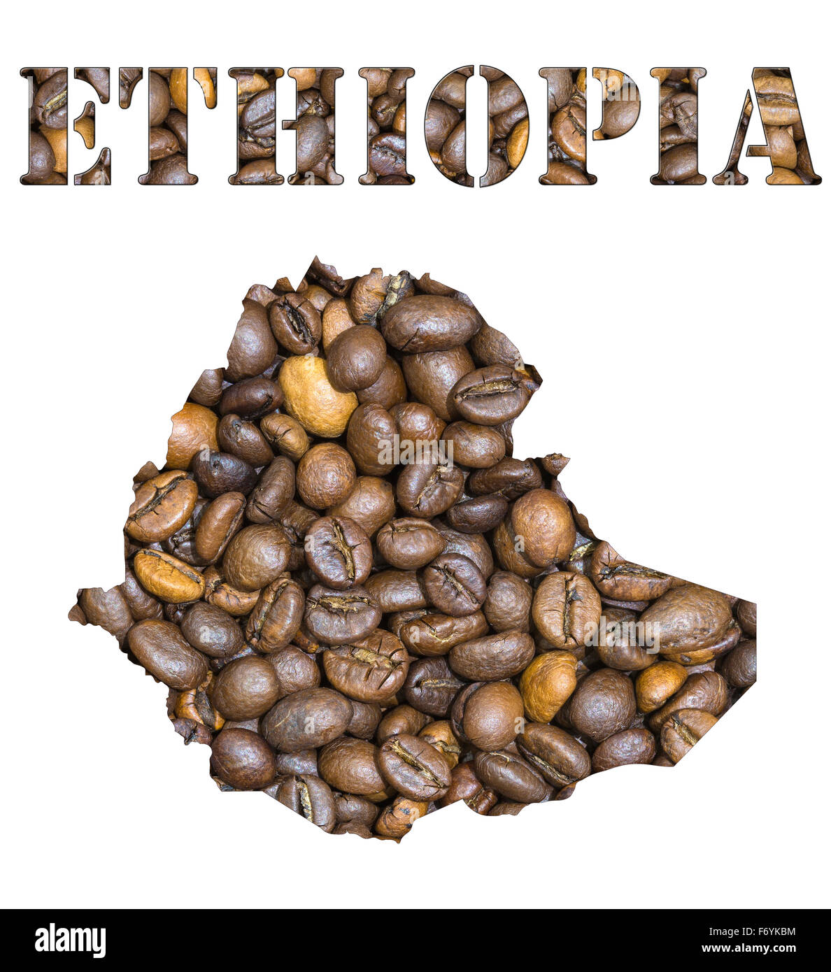 Roasted Brown i chicchi di caffè lo sfondo con la forma della parola Etiopia e il paese mappa geografica contorno. Isolat di immagine Foto Stock