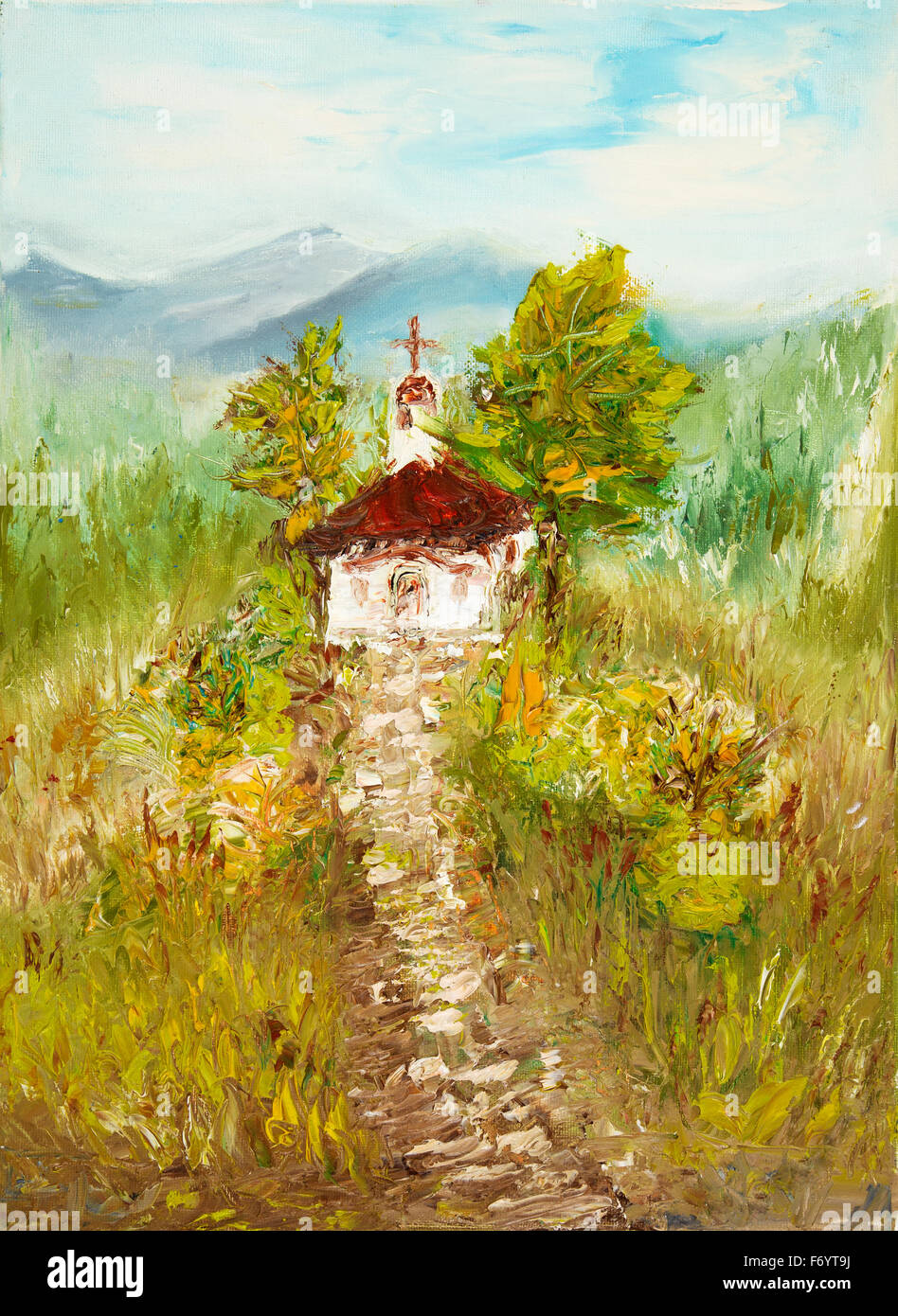 Olio originale mostra di pittura antica cappella del paese o della chiesa in montagna su tela. Impressionismo moderno, il modernismo,marin Foto Stock
