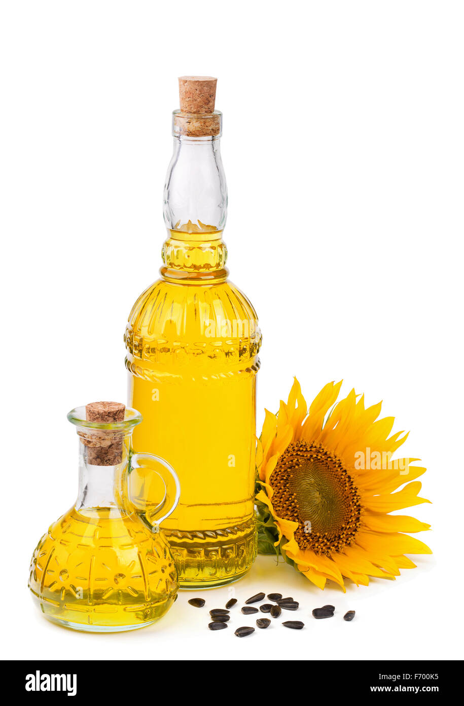 Olio di semi di girasole e semi isolato su bianco Foto Stock