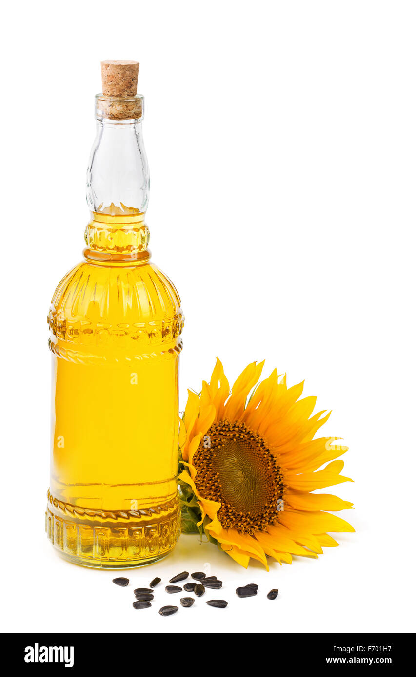Olio di semi di girasole e semi isolato su bianco Foto Stock