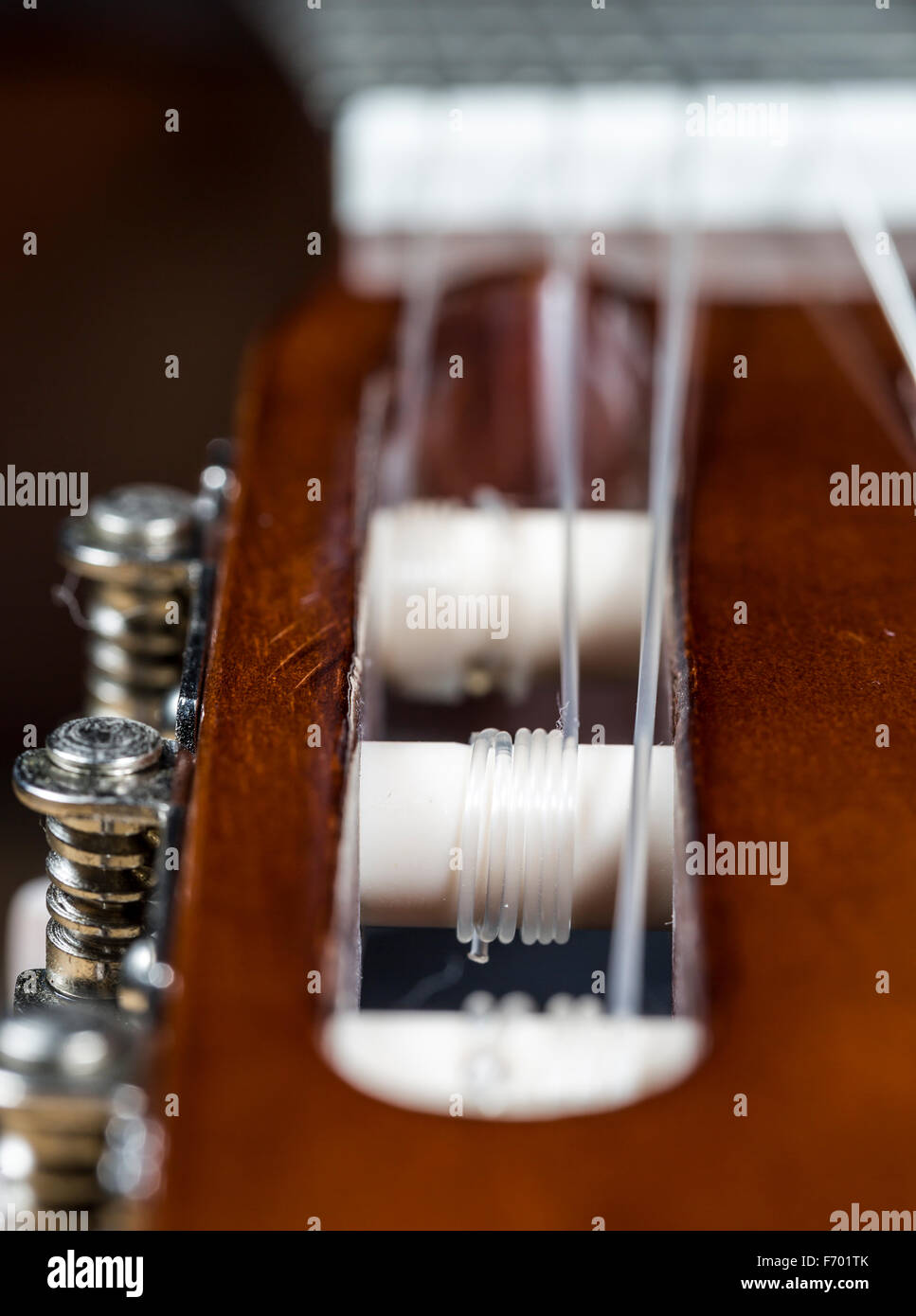 Le corde di una chitarra da vicino con le teste della macchina Foto Stock