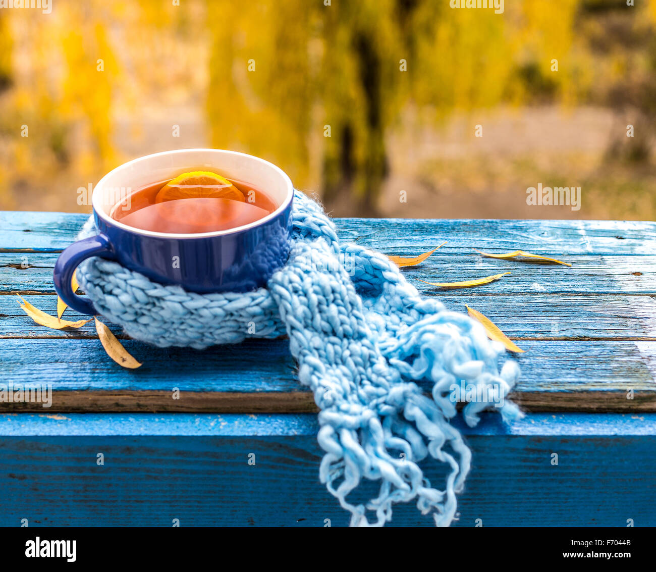 Tazza di tè con sciarpa lavorata a maglia Foto Stock