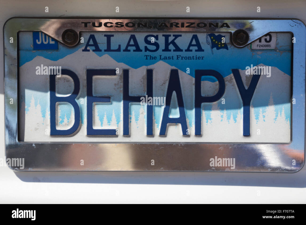 Behapy vanità della targa, Alaska, significa "essere felice' Foto Stock