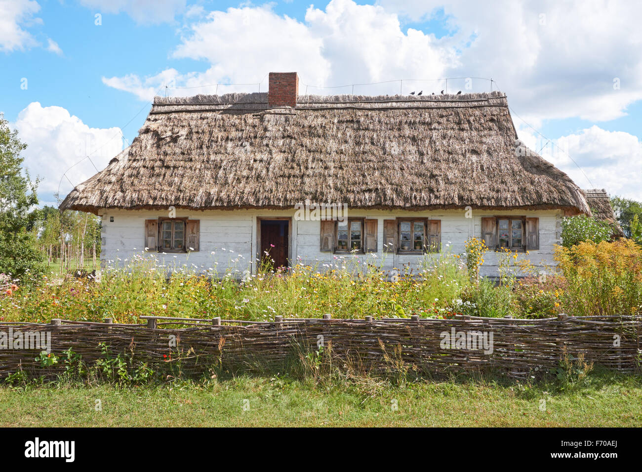 Il Museo della Campagna Mazovian in Sierpc, Polonia. Xix secolo legno casa colonica con il tetto di paglia. Foto Stock