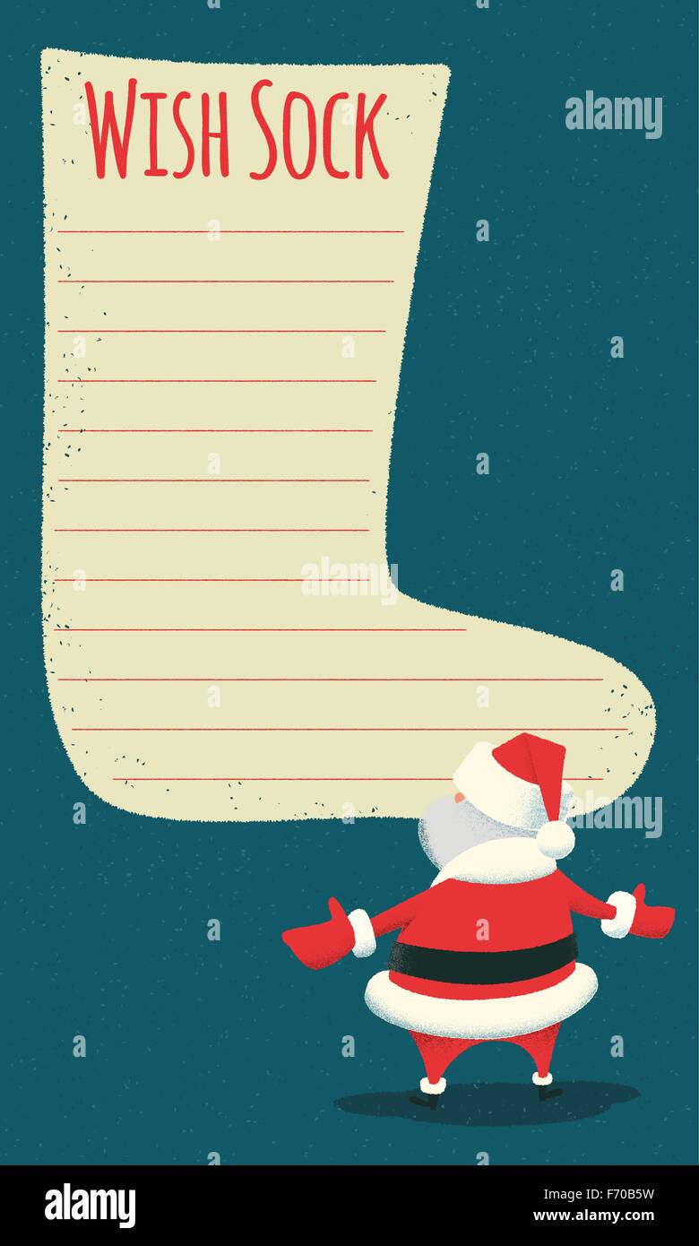 Desidero calza. Sorpreso Babbo Natale in piedi di fronte a un grande vuoto wish list stilizzata come un calzino. In stile vintage illustrazione. Illustrazione Vettoriale