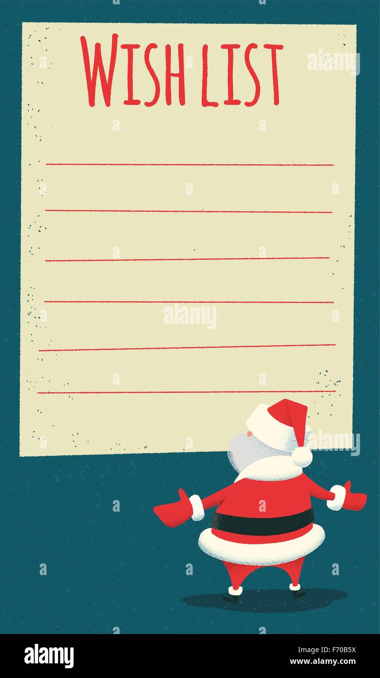 La lista dei desideri. Sorpreso Babbo Natale in piedi di fronte a un grande vuoto la lista dei desideri. In stile vintage illustrazione. File a più livelli. Illustrazione Vettoriale