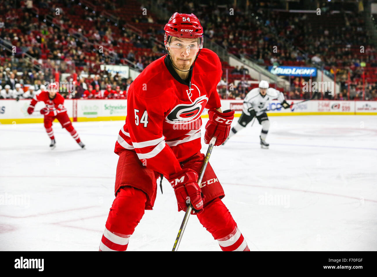 Raleigh, North Carolina, Stati Uniti d'America. 22 Novembre, 2015. Carolina Hurricanes defenceman Brett Pesce (54) durante il gioco NHL tra il re de Los Angeles e Carolina Hurricanes al PNC Arena. Credito: Andy Martin Jr./ZUMA filo/Alamy Live News Foto Stock