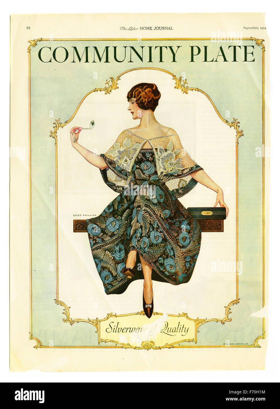 1924 oneida comunità annuncio piastra dotata di illustrazione della donna elegante tenendo un argento mestolo dalla Phillips coles Foto Stock