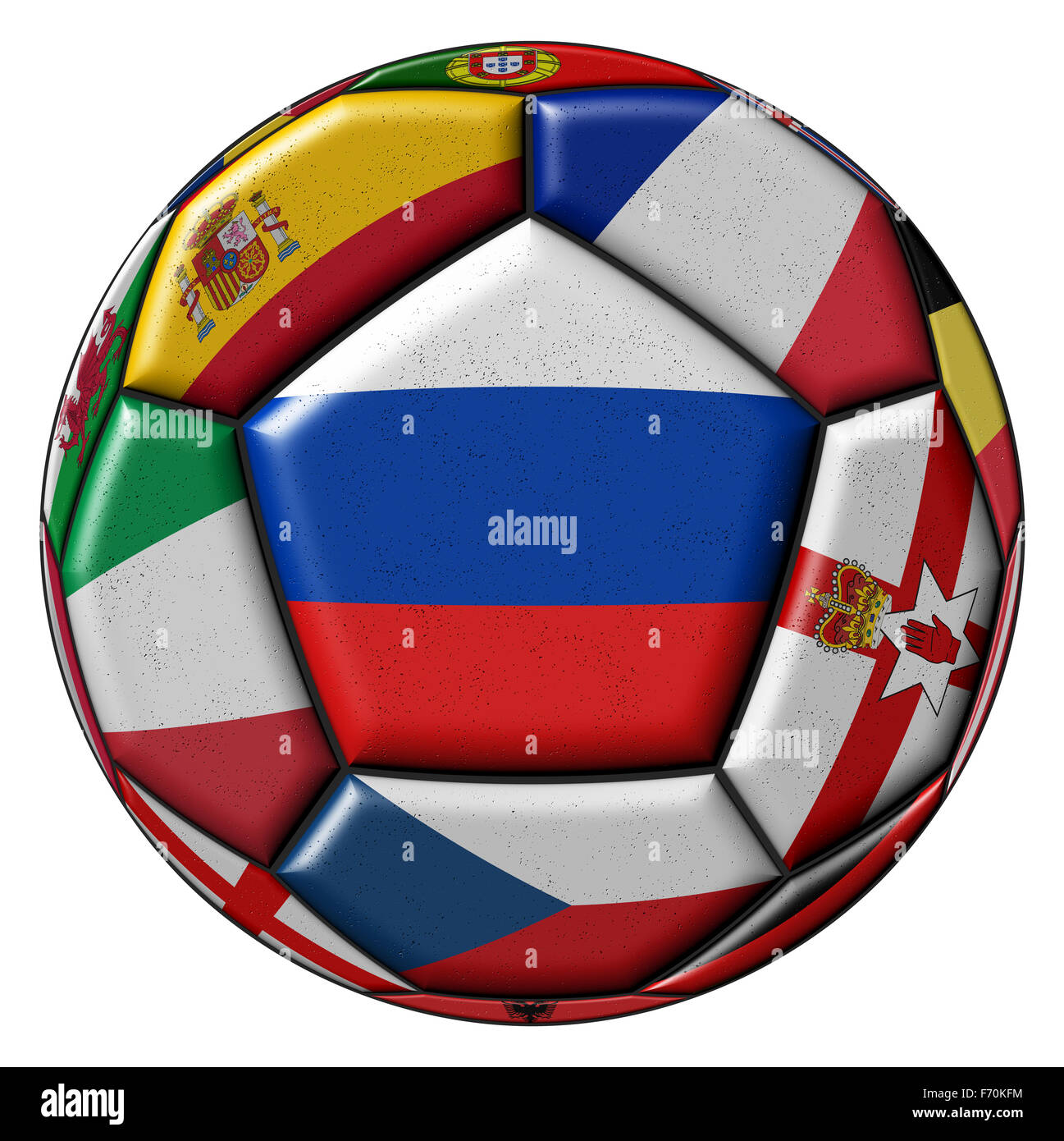 Pallone da calcio su uno sfondo bianco con bandiere di paesi europei - la bandiera della Russia nel centro Foto Stock