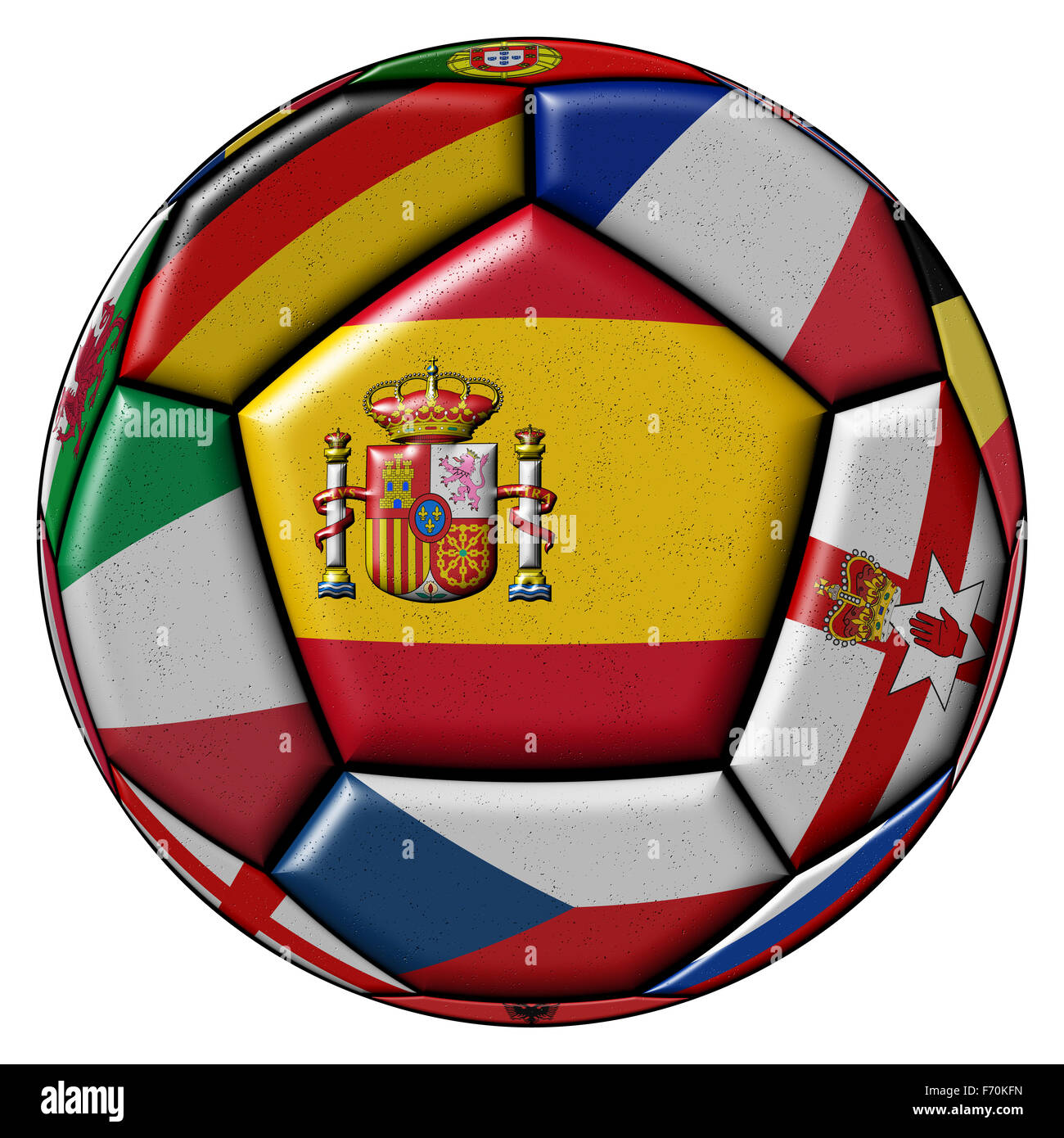 Pallone da calcio su uno sfondo bianco con bandiere di paesi europei - la bandiera della Spagna nel centro Foto Stock