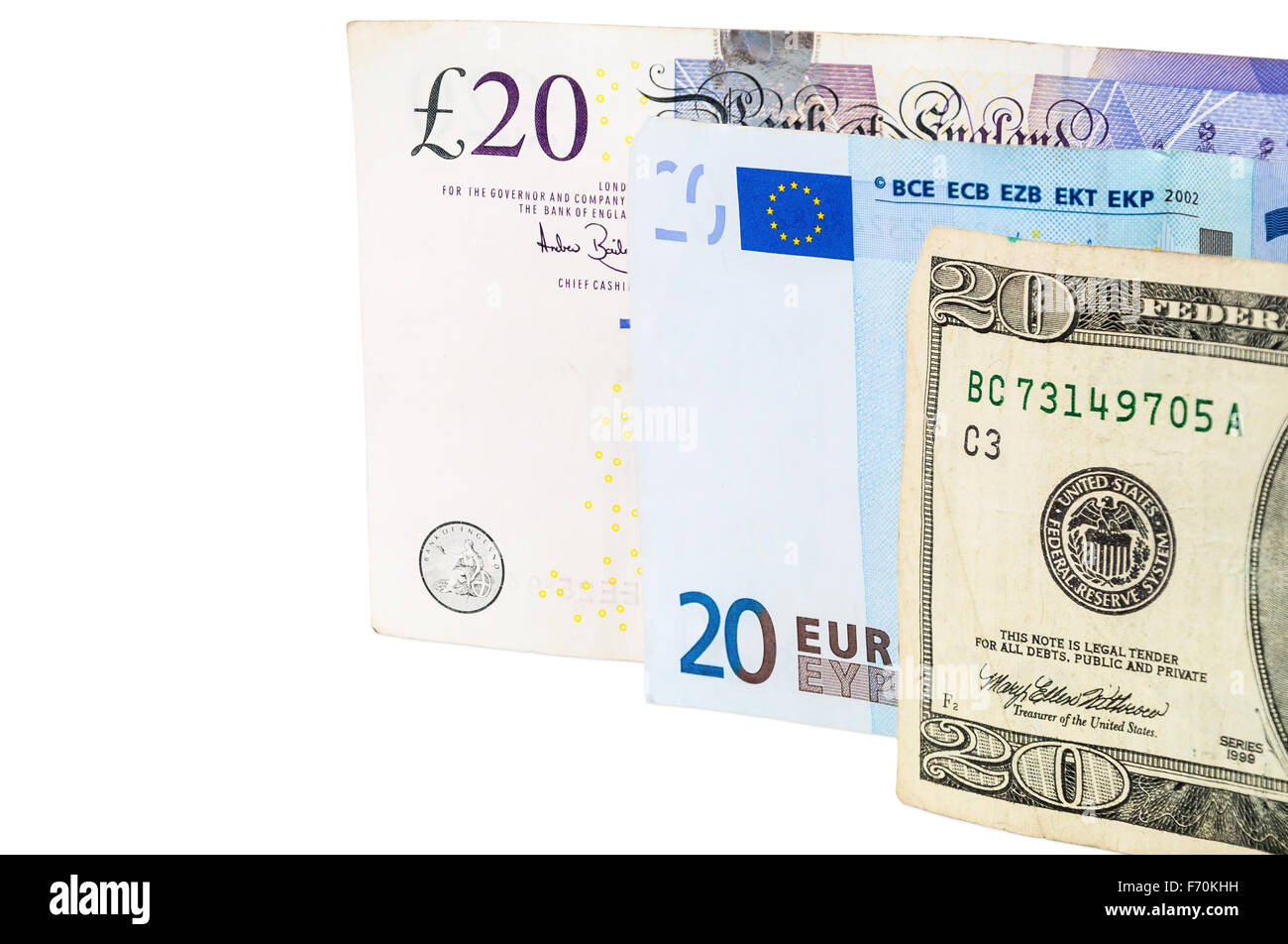 Le banconote di 20 libbre di euro e dollari isolato su sfondo bianco con tracciato di ritaglio Foto Stock