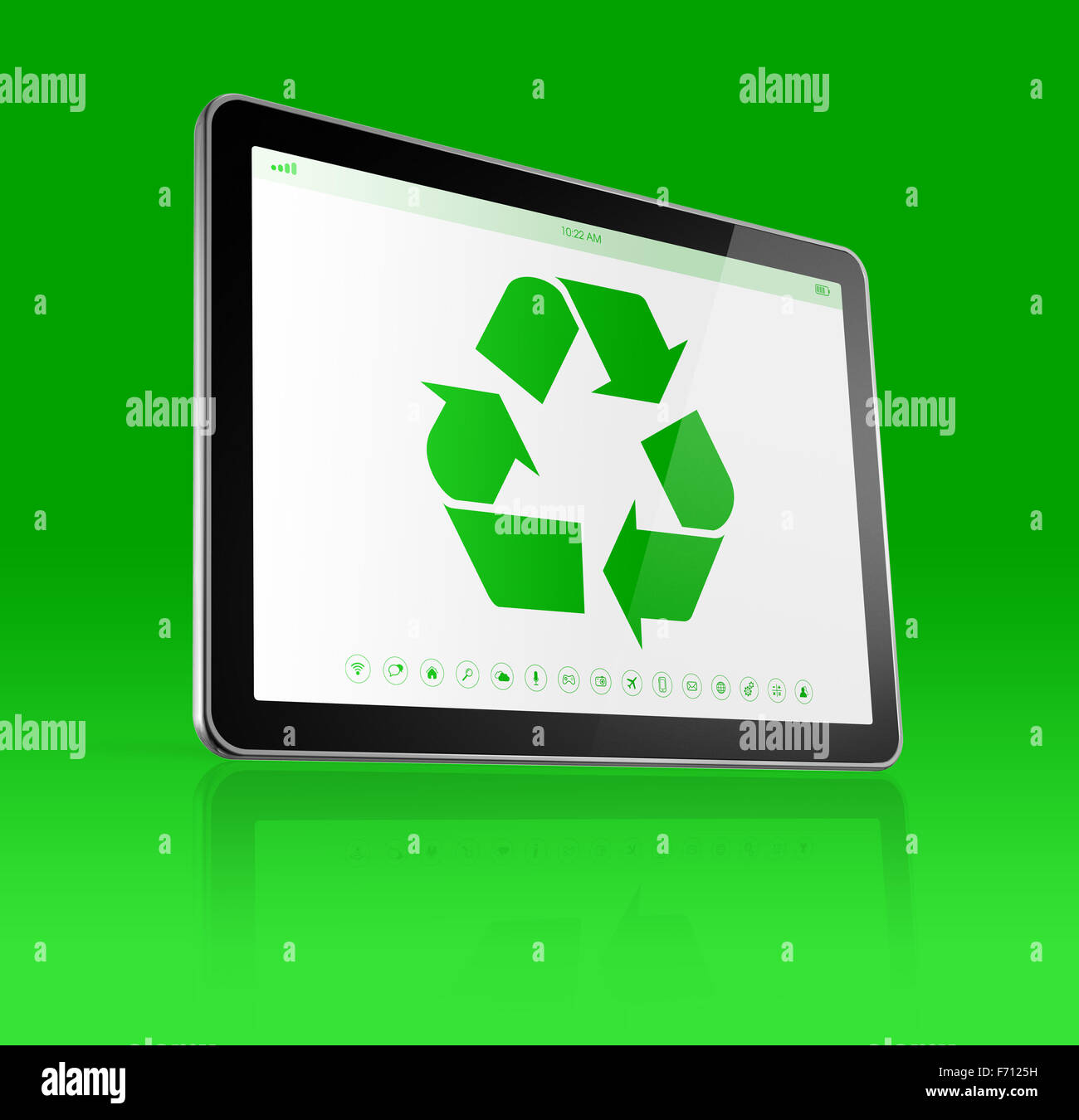 3D digitale tablet PC con un simbolo di riciclaggio sullo schermo. concetto ecologico Foto Stock