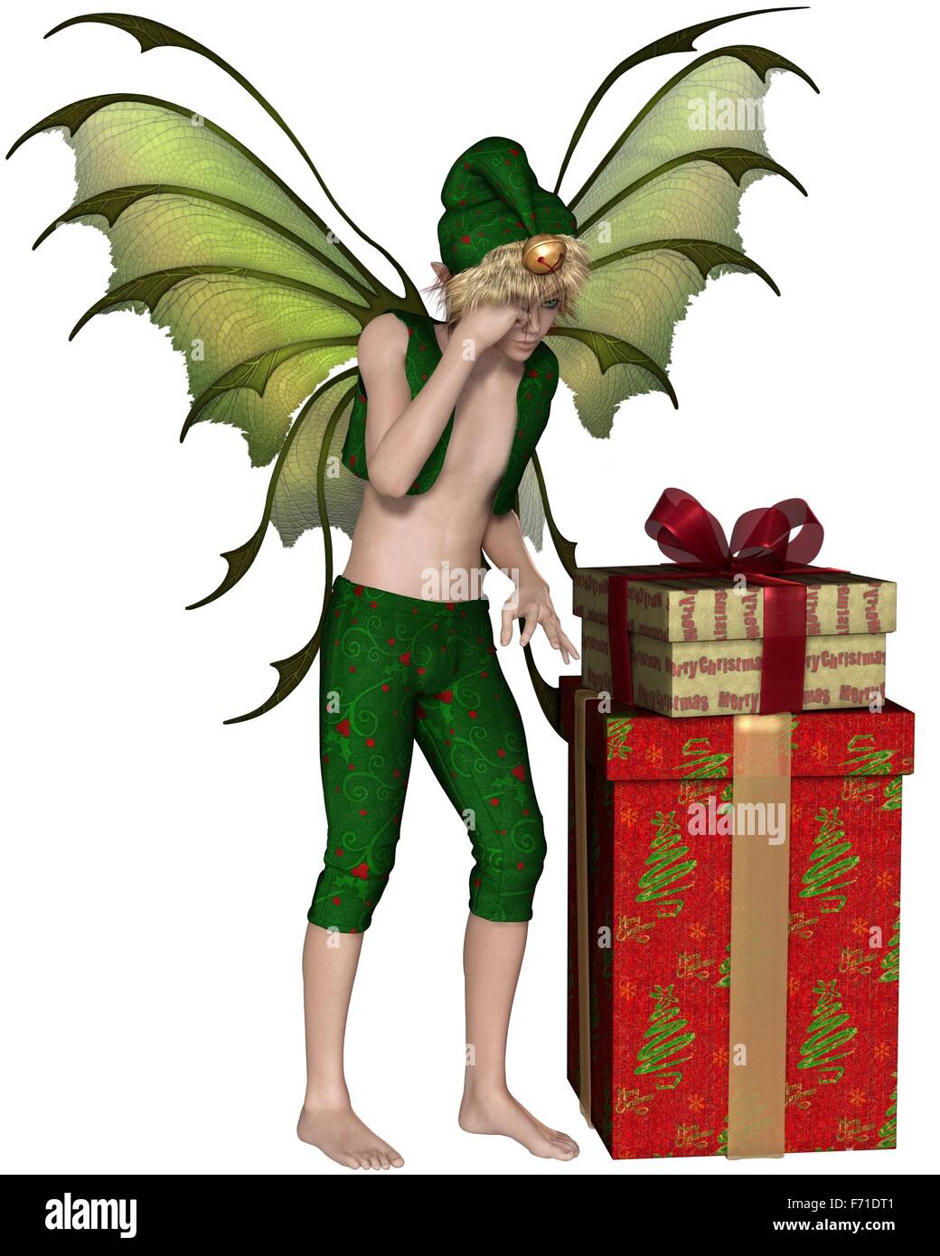 Favola di natale Elf Boy con la pila di regali Foto Stock