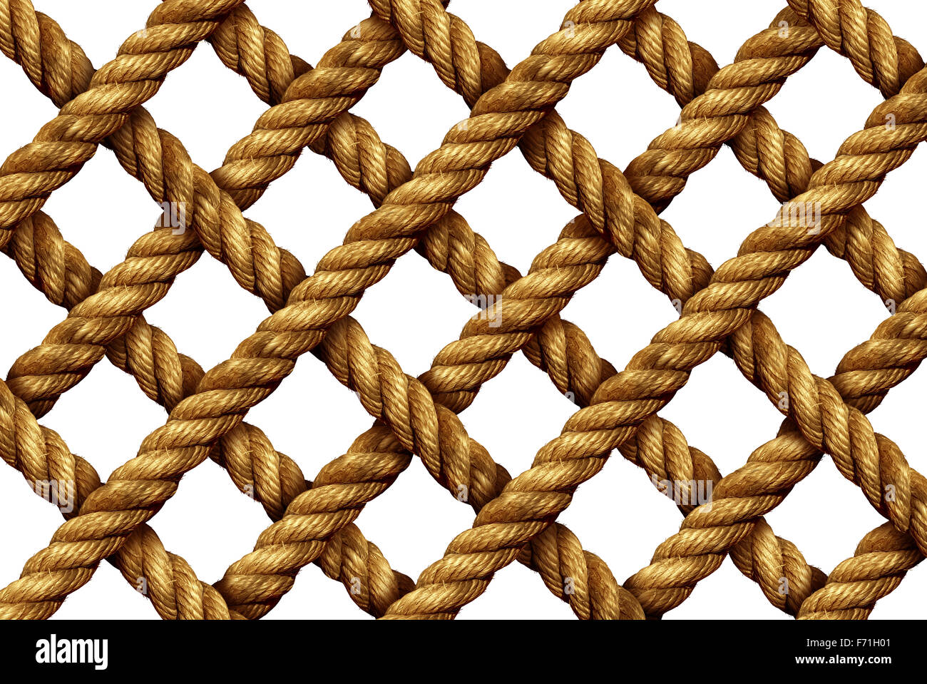 Corda di griglia come un gruppo di forte spessore cordicelle nautico collegato in una forma geometrica come marine net isolato su uno sfondo bianco. Foto Stock