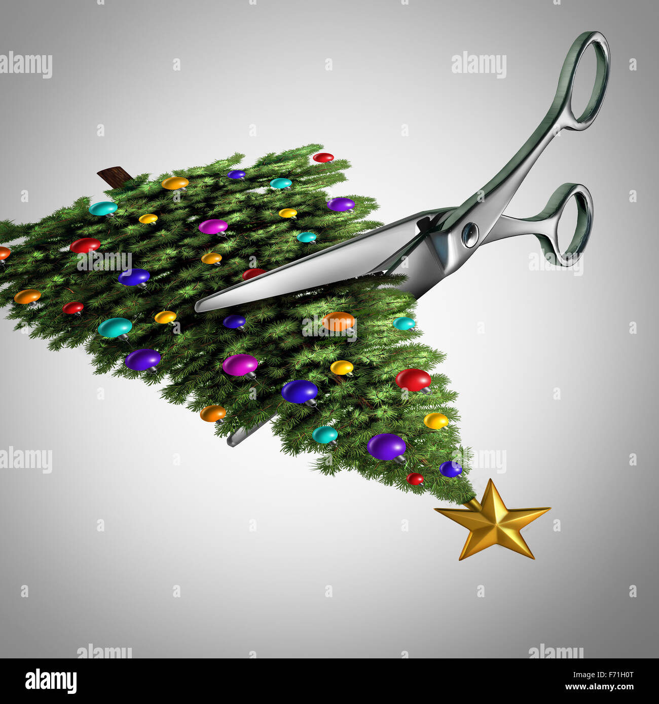 Cut back sul concetto di natale come il taglio a forbice una foto di un albero di Natale decorato come una metafora per tagliare le spese per le vacanze e il risparmio di denaro durante la stagione invernale e festa di capodanno celebrazione. Foto Stock