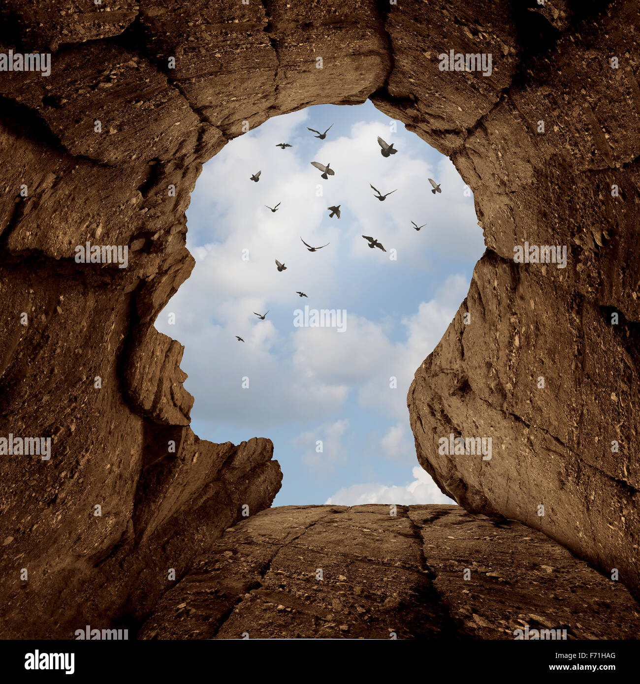 La fantasia e la scoperta del concetto di una scogliera rocciosa con un'apertura sulla parte superiore sagomata come una testa umana come una nuova metafora della vita e del successo motivazione simbolo con un gruppo di uccelli che vola in alto nel cielo. Foto Stock