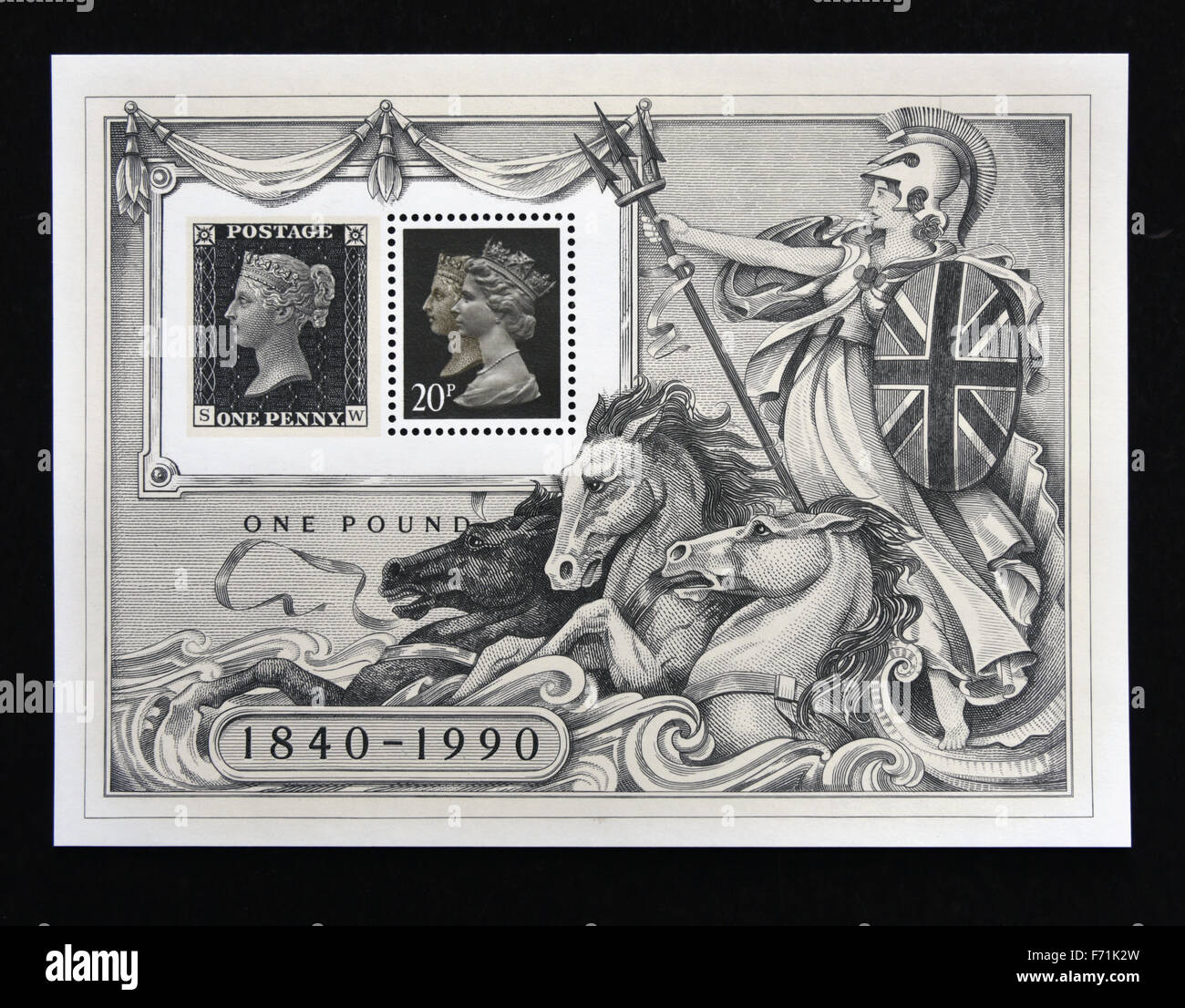 Francobollo. La Gran Bretagna. La regina Elisabetta II. 1990. Timbro Mondo 90. Timbro internazionale mostra. Foglio in miniatura. £1. Foto Stock