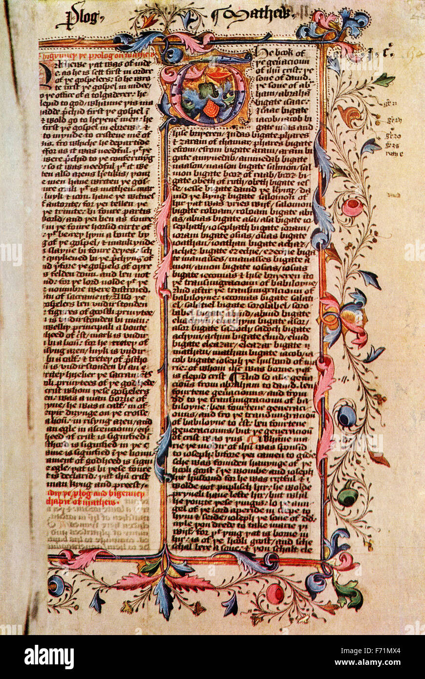 La prima pagina di san Matteo dopo un xv secolo illuminato MS della Bibbia Wyclife. Foto Stock