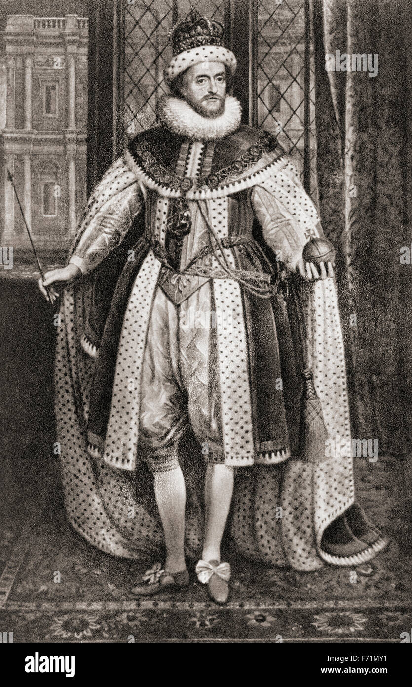 Giacomo VI e I, 1566 - 1625. Re di Scozia come Giacomo VI, dal 1567 e Re di Inghilterra e Irlanda come Giacomo I, 1603 - 1625. Dopo la pittura di Paul van Somer. Foto Stock