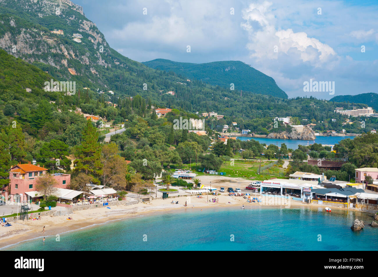 Spiaggia principale, Palaiokastritsa, Paleokastritsa, western Corfù, CORFU, ISOLE IONIE, Grecia Foto Stock
