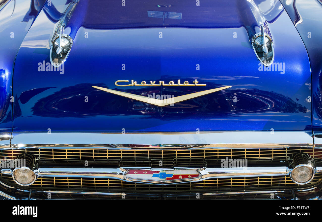 1957 Chevrolet, Bel Air. Chevy. Classic American car. Brooklands, Weybridge, Surrey, Inghilterra Foto Stock