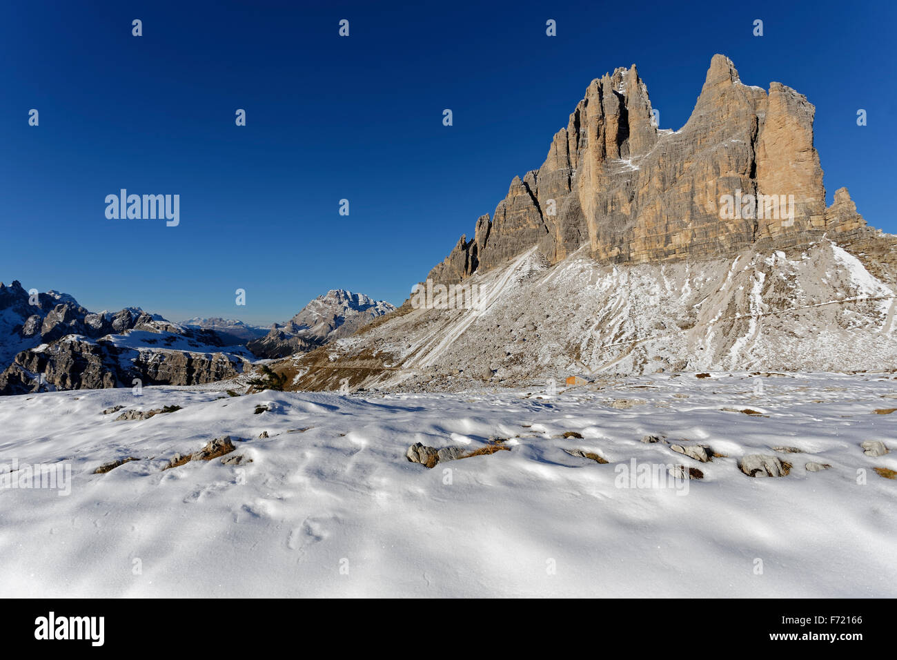 Tre Cime di Lavaredo, Sextner Dolomiten, Alto Adige Provincia, Trentino Alto Adige, Italia, Europa Foto Stock