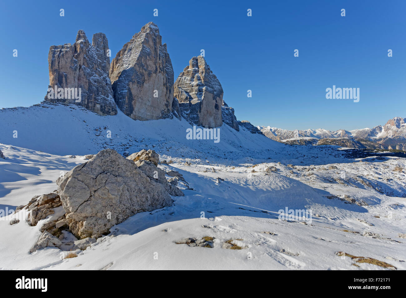 Fronte nord delle Tre Cime di Lavaredo, Sextner Dolomiten, Alto Adige Provincia, Trentino Alto Adige, Italia, Europa Foto Stock