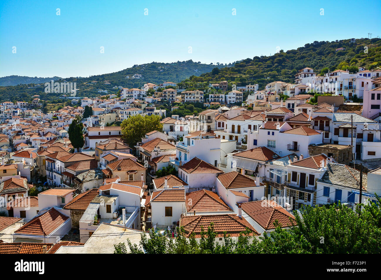 Vista panoramica sulla città di Skopelos Foto Stock