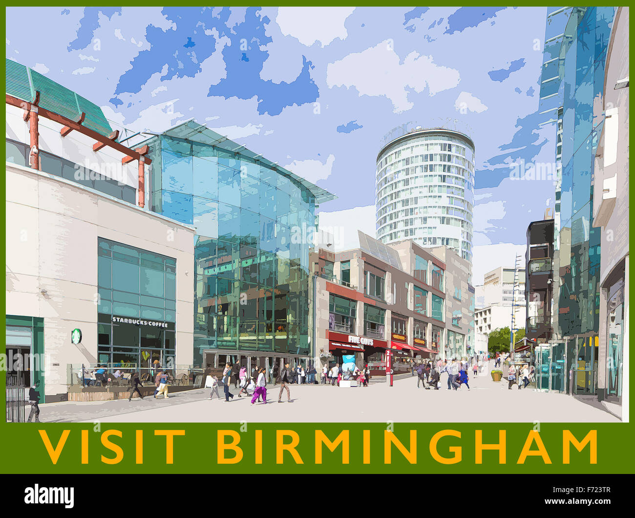 Un poster in stile illustrazione da una fotografia del centro commerciale per lo shopping Bullring, Birmingham, Inghilterra, Regno Unito Foto Stock