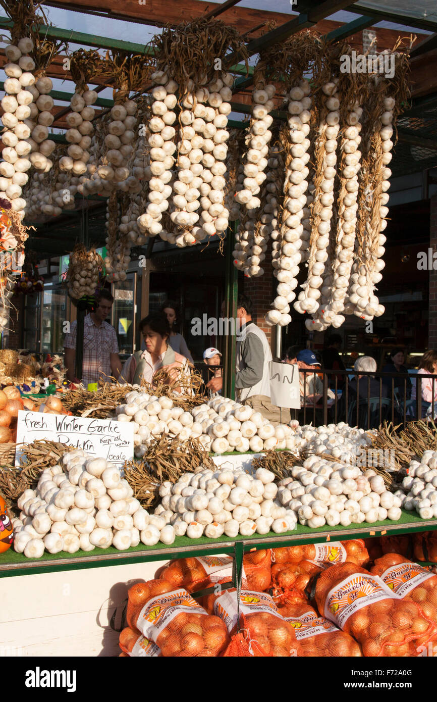 Bulbi di aglio e cipolle in vendita nel mercato di Byward. Foto Stock