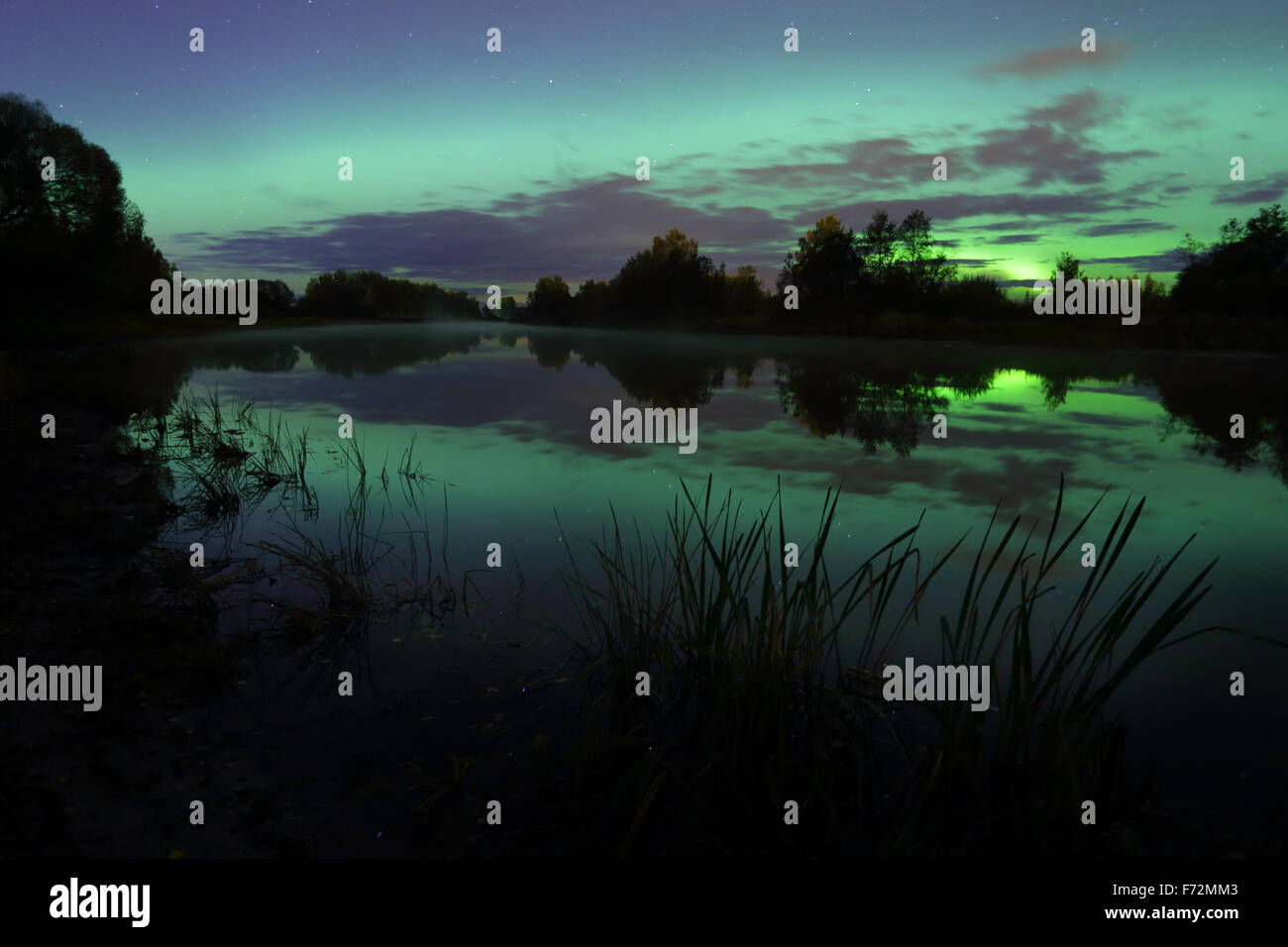 Luci del nord (Aurora Boreale) riflesso nel fiume Emajõgi, Estonia Foto Stock